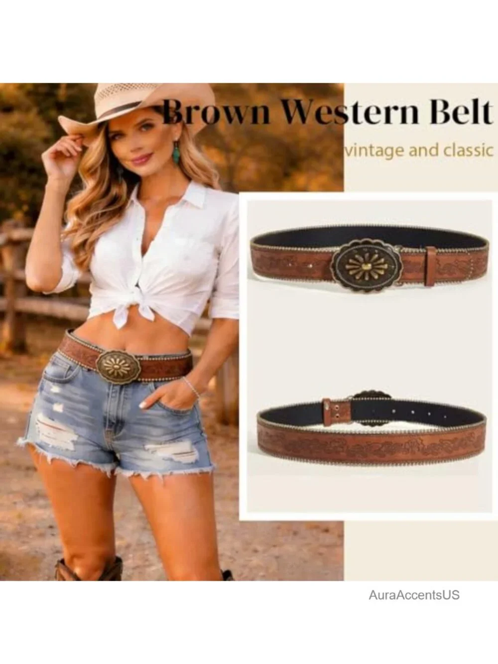 Faux Leather Western Belt with Embossed Floral Buckle
